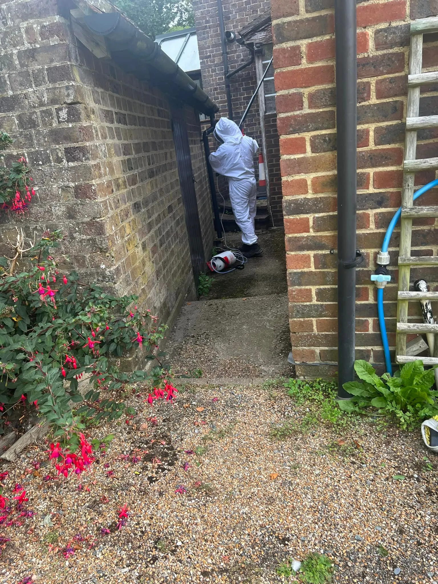 A person in a hazmat entering a house.